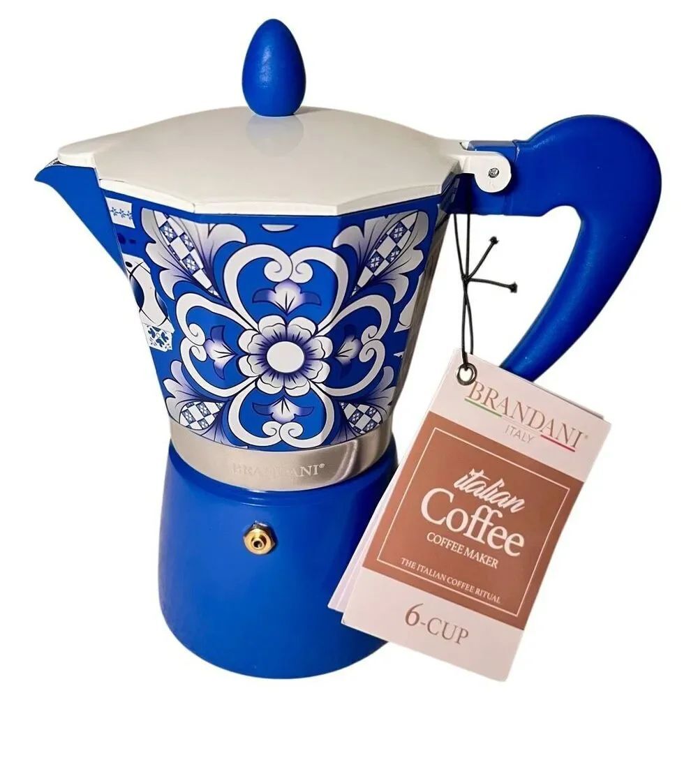 Brandani Italian Coffee Maker Moka Pot Blue Majolica Aluminum 6 Cup Espresso NEW